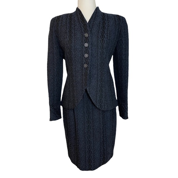 Vintage Doncaster Blue and Black Raised Pattern Blazer and Skirt Set  Sz.4P - Picture 1 of 16
